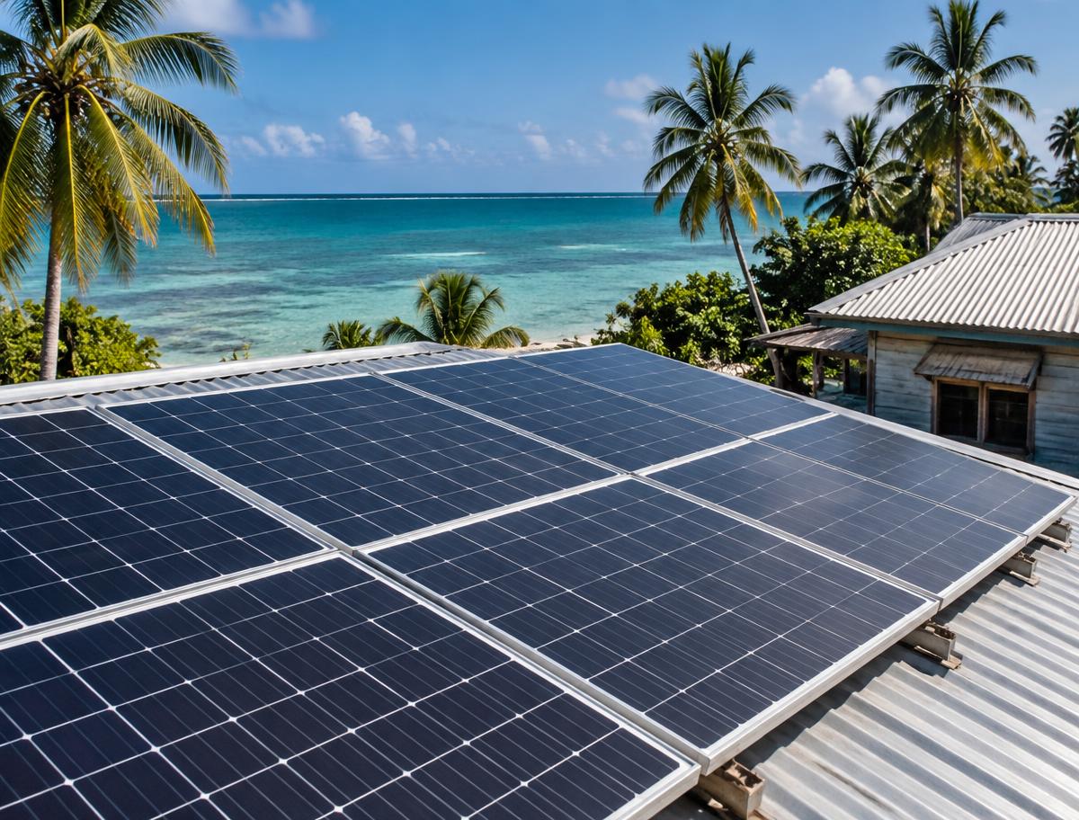 Solar panels overlooking a tropical lagoon